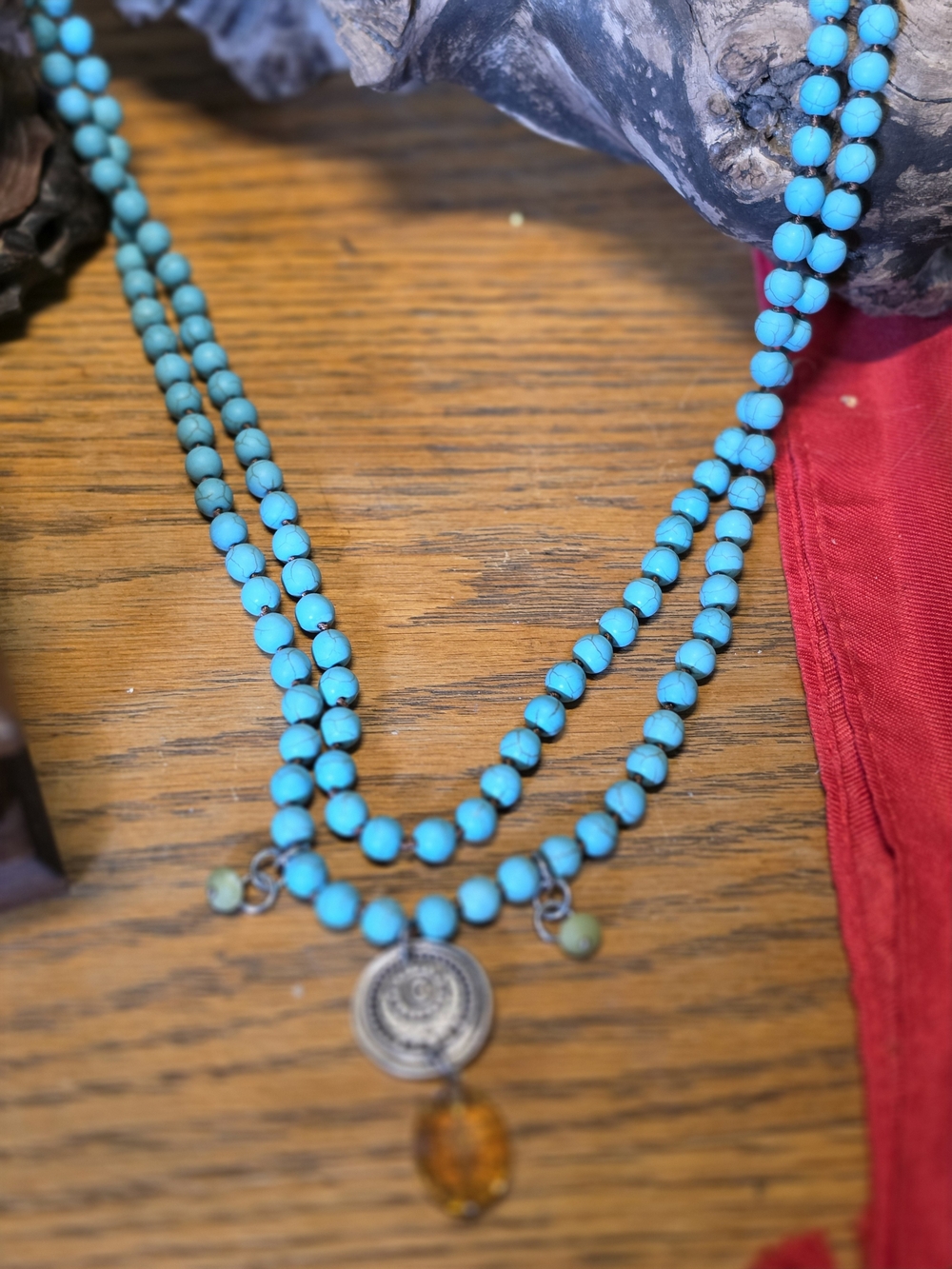 Beaded F*** It Crescent Moon Double-Strand Necklace with Amber Glass Pendant